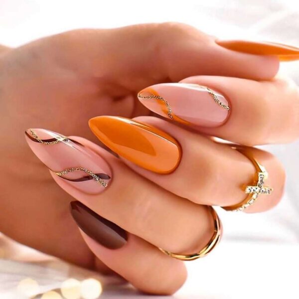 RikView Almond Press on Nails Medium Fake Nails Brown Press on Nails Orange Acrylic Nails Glossy Full Cover Nails