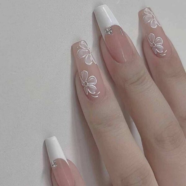 Coffin White Press on Nails Flower Fake Nails Long Acrylic Fake Nails Rhinestone French Nails Beautiful Nails for Women Girls