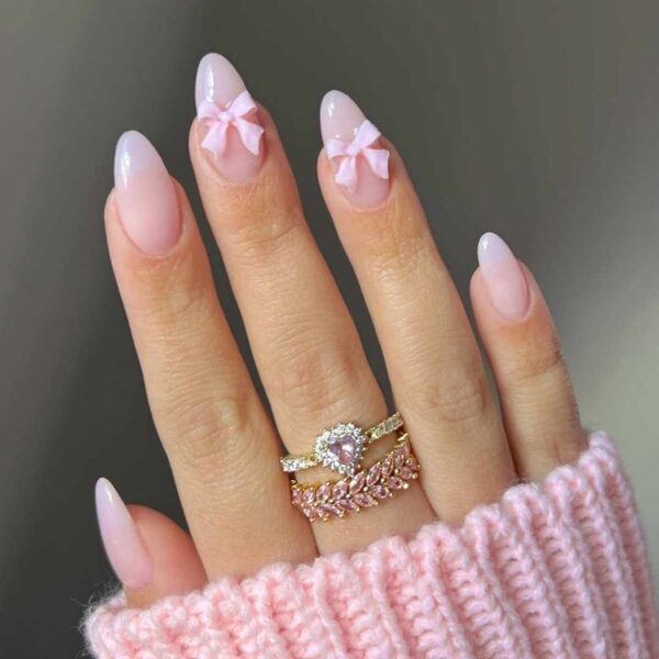 Almond Press on Nails with Bow Charm Designs Cute Pink Fake Nails