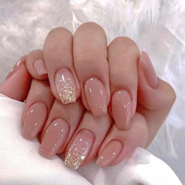 Pink Press on Nails Medium Square Fake Nails with Design Gold Glitter Sequins