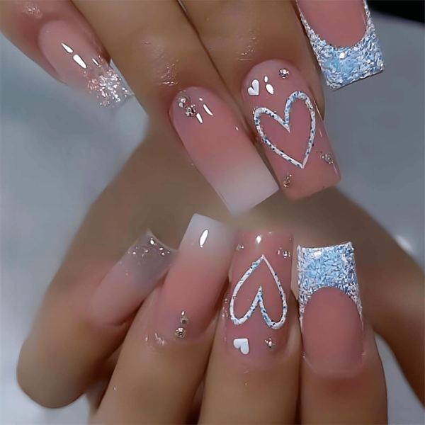 Heart Press On Nails Medium Square Fake Nails Glitter Glossy Acrylic False Nails