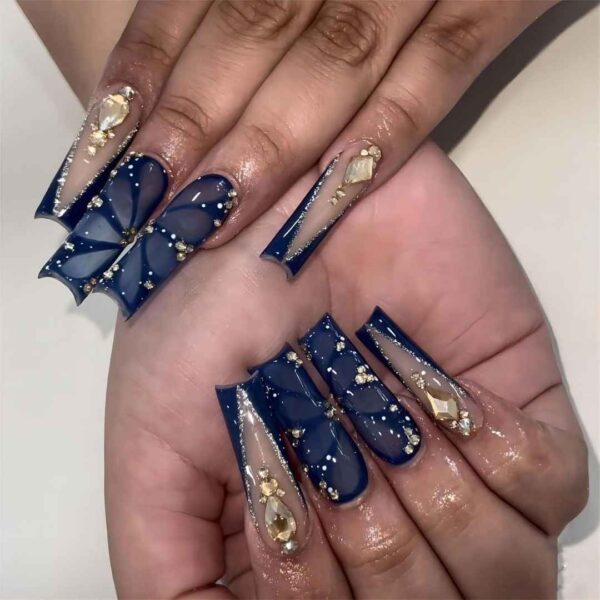 Dark Blue Press on Nails Long Nails Press Ons with Butterfly and Rhinestone Design for Women